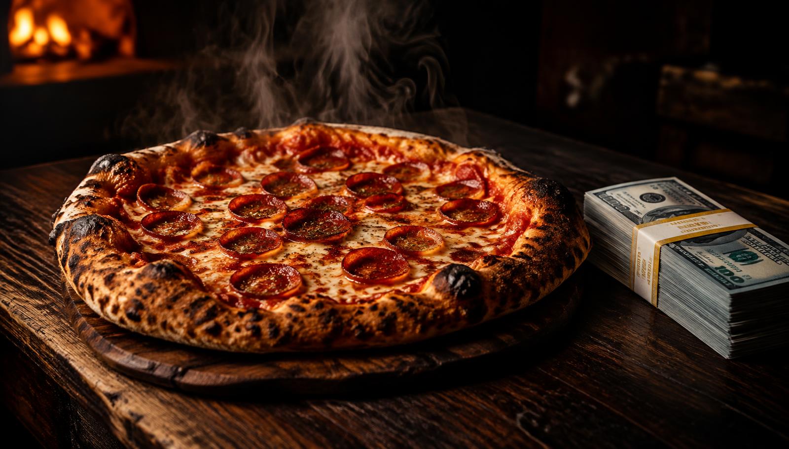 Pizza artesanal saindo do forno ao lado de uma pilha de dinheiro