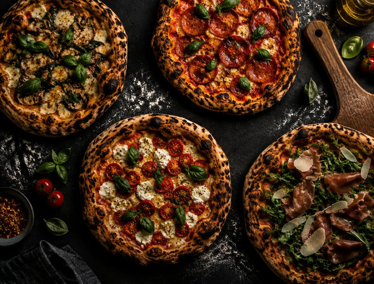Pizzas artesanais variadas sobre bancada escura